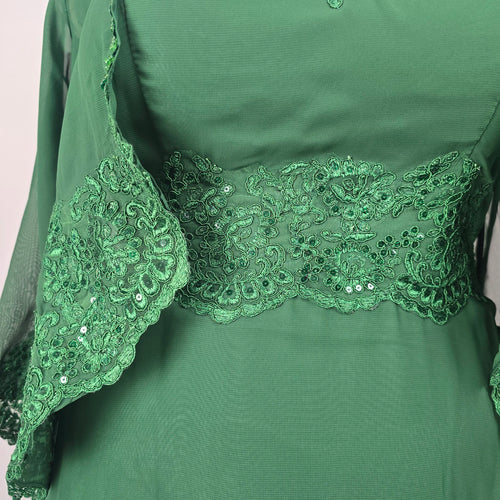 Emerald Green Lace Sequin Formal Event Dress with Matching Sheer Bolero Jacket - Size 16
