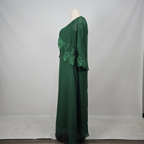 Emerald Green Lace Sequin Formal Event Dress with Matching Sheer Bolero Jacket - Size 16