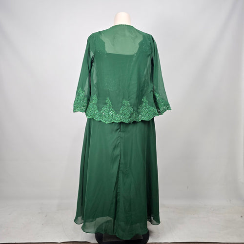 Emerald Green Lace Sequin Formal Event Dress with Matching Sheer Bolero Jacket - Size 16