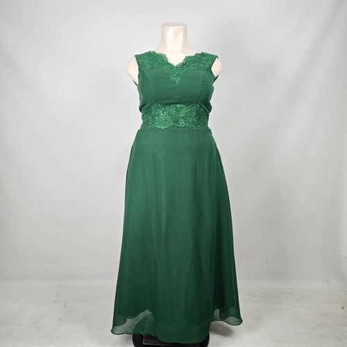 Emerald Green Lace Sequin Formal Event Dress with Matching Sheer Bolero Jacket - Size 16