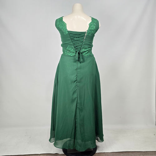 Emerald Green Lace Sequin Formal Event Dress with Matching Sheer Bolero Jacket - Size 16