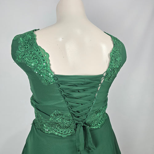 Emerald Green Lace Sequin Formal Event Dress with Matching Sheer Bolero Jacket - Size 16
