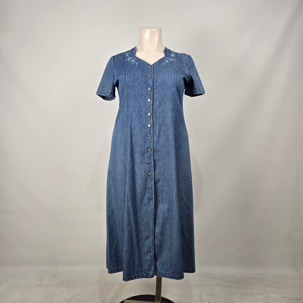 D’Allaird Women’s Blue Denim Embroidered Button-Front Maxi Dress - Size 16