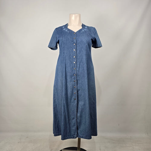D’Allaird Women’s Blue Denim Embroidered Button-Front Maxi Dress - Size 16