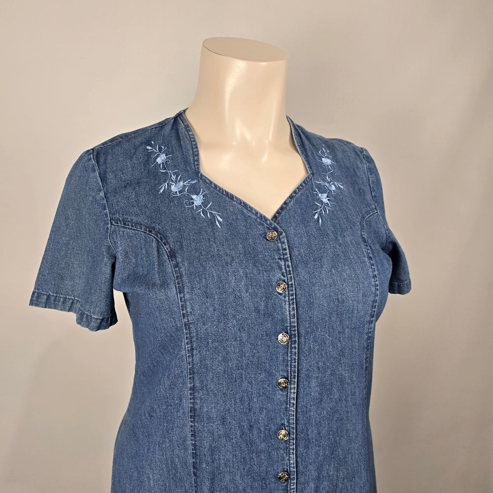 D’Allaird Women’s Blue Denim Embroidered Button-Front Maxi Dress - Size 16