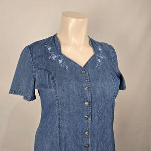 D’Allaird Women’s Blue Denim Embroidered Button-Front Maxi Dress - Size 16
