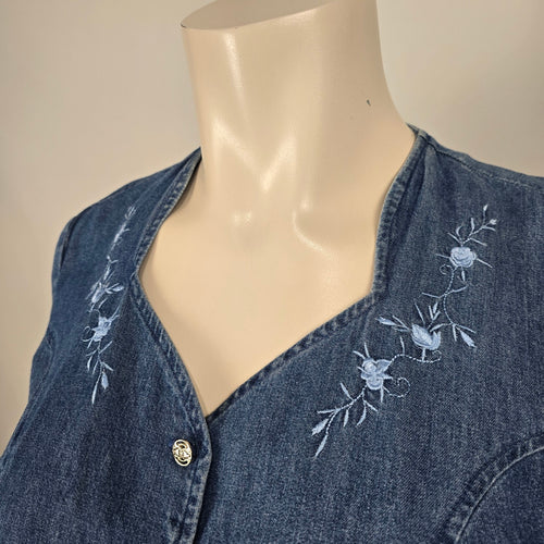 D’Allaird Women’s Blue Denim Embroidered Button-Front Maxi Dress - Size 16