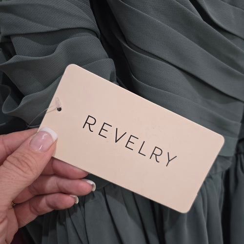 Revelry Zoe Chiffon Maxi Dress Eucalyptus Grey Bridesmaid Formal Gown - Size 36  NWT