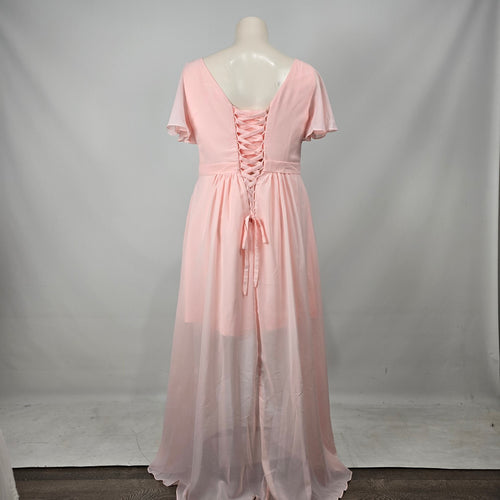 Blush Pink Chiffon Flutter Sleeve Lace-Up Back Maxi Dress Formal Gown - Size 20