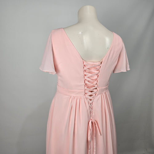 Blush Pink Chiffon Flutter Sleeve Lace-Up Back Maxi Dress Formal Gown - Size 20