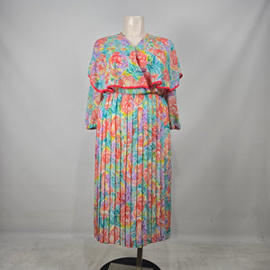 Vintage Floral Cape Dress Belted Pleated Midi Multicolor - Size 12