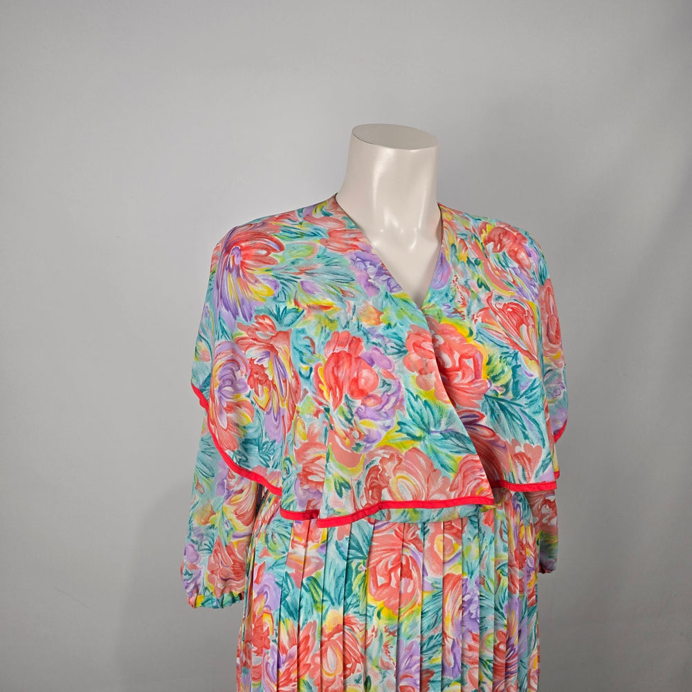 Vintage Floral Cape Dress Belted Pleated Midi Multicolor - Size 12