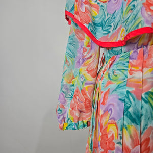 Vintage Floral Cape Dress Belted Pleated Midi Multicolor - Size 12