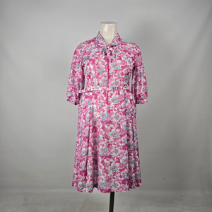Vintage Berkeley New York Montreal Pink Teal Floral Belted Dress - Size L/XL Tie Neck Midi