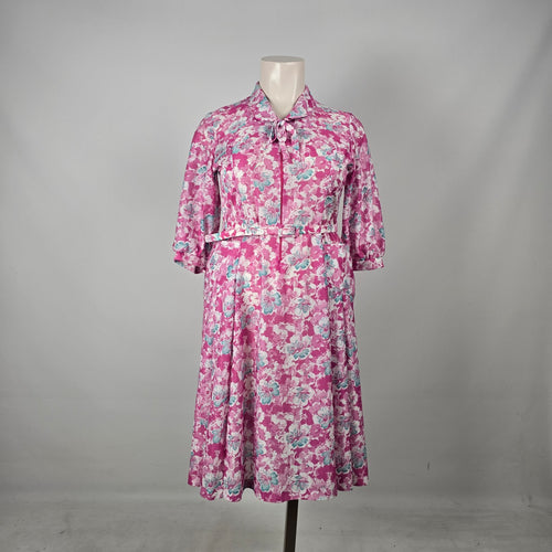 Vintage Berkeley New York Montreal Pink Teal Floral Belted Dress - Size L/XL Tie Neck Midi