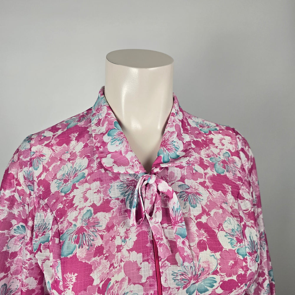 Vintage Berkeley New York Montreal Pink Teal Floral Belted Dress - Size L/XL Tie Neck Midi