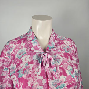 Vintage Berkeley New York Montreal Pink Teal Floral Belted Dress - Size L/XL Tie Neck Midi