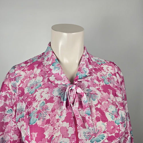 Vintage Berkeley New York Montreal Pink Teal Floral Belted Dress - Size L/XL Tie Neck Midi