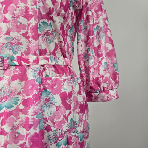 Vintage Berkeley New York Montreal Pink Teal Floral Belted Dress - Size L/XL Tie Neck Midi