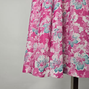 Vintage Berkeley New York Montreal Pink Teal Floral Belted Dress - Size L/XL Tie Neck Midi
