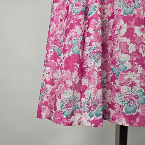 Vintage Berkeley New York Montreal Pink Teal Floral Belted Dress - Size L/XL Tie Neck Midi