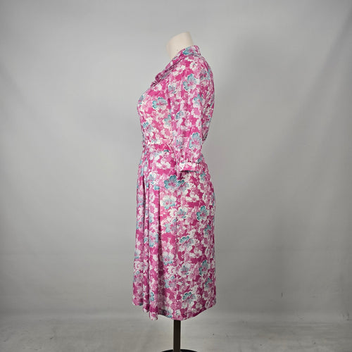 Vintage Berkeley New York Montreal Pink Teal Floral Belted Dress - Size L/XL Tie Neck Midi