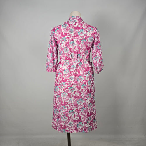 Vintage Berkeley New York Montreal Pink Teal Floral Belted Dress - Size L/XL Tie Neck Midi
