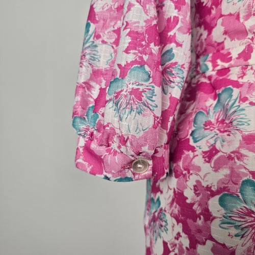 Vintage Berkeley New York Montreal Pink Teal Floral Belted Dress - Size L/XL Tie Neck Midi