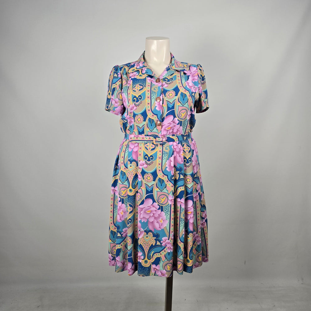 Vintage D’Allaird’s Floral Paisley Belted Midi Dress Blue Pink Short Sleeve - Size 14