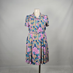 Vintage D’Allaird’s Floral Paisley Belted Midi Dress Blue Pink Short Sleeve - Size 14
