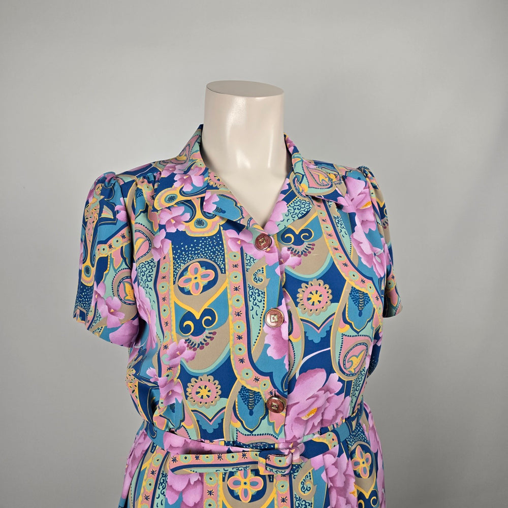Vintage D’Allaird’s Floral Paisley Belted Midi Dress Blue Pink Short Sleeve - Size 14