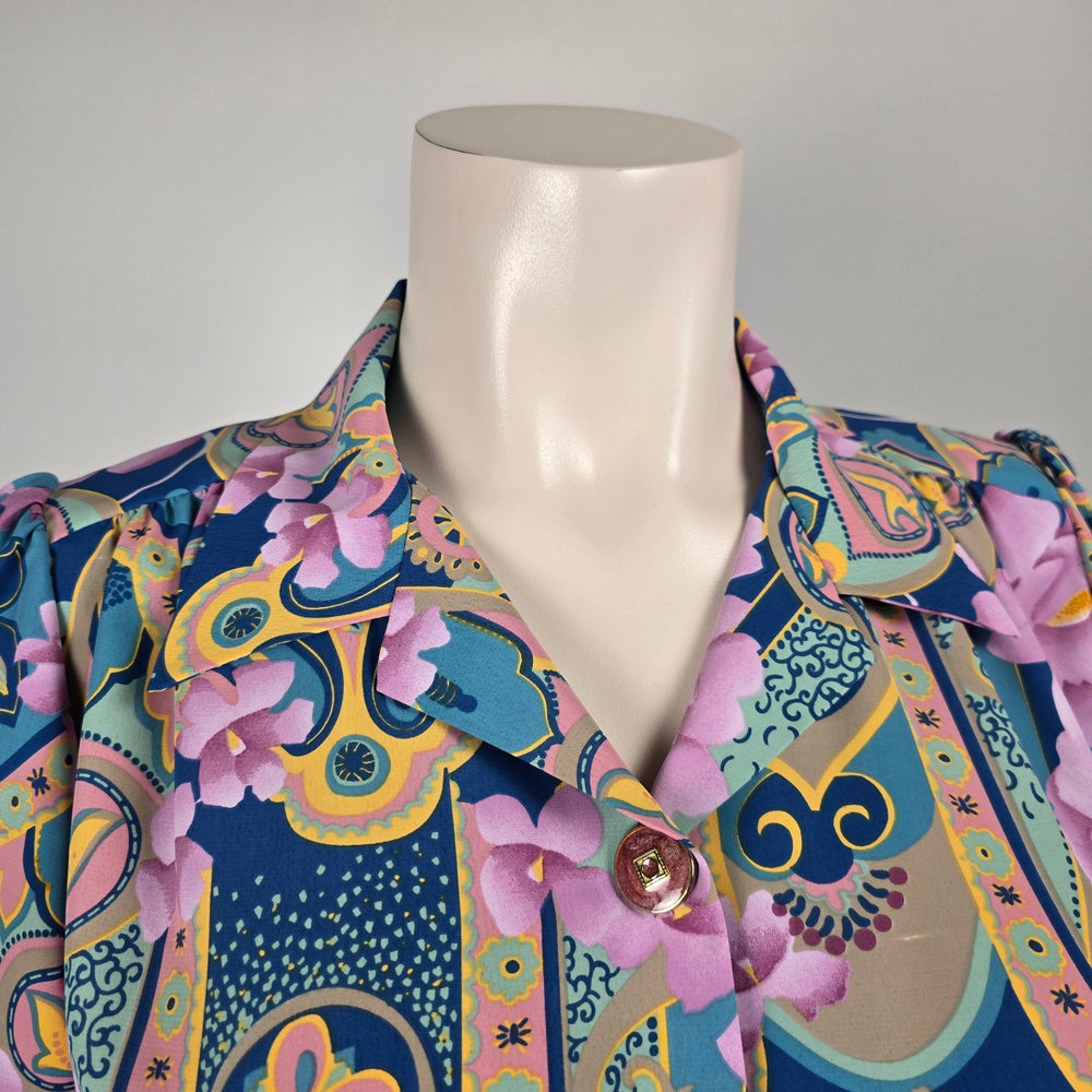 Vintage D’Allaird’s Floral Paisley Belted Midi Dress Blue Pink Short Sleeve - Size 14
