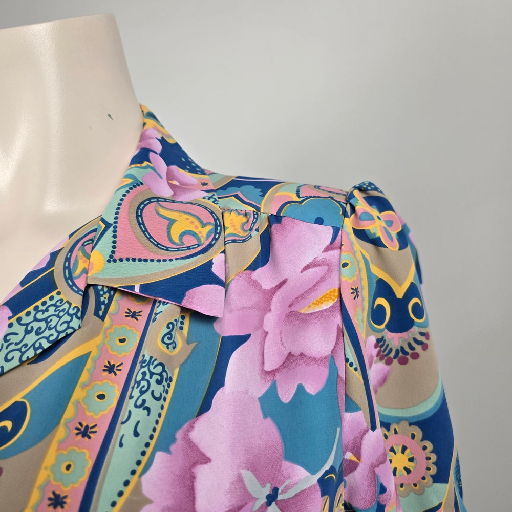 Vintage D’Allaird’s Floral Paisley Belted Midi Dress Blue Pink Short Sleeve - Size 14