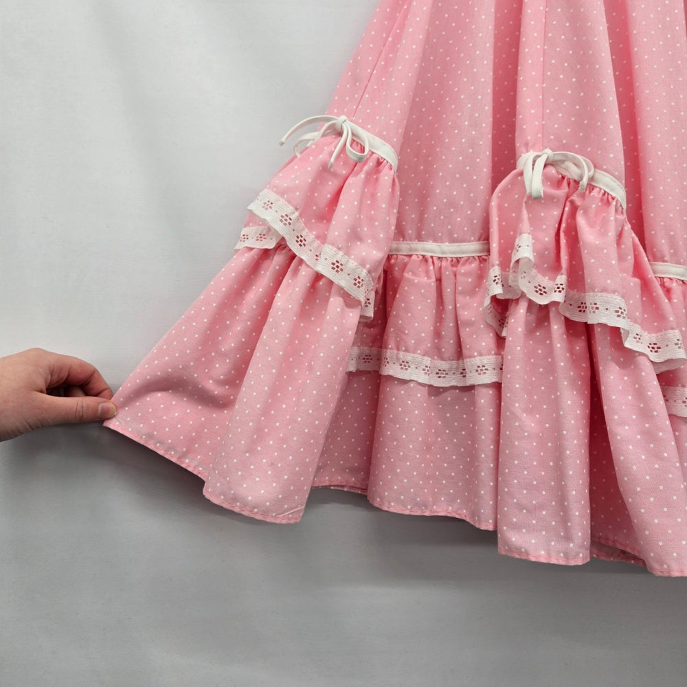 Vintage Malco Modes Pink Polka Dot Tiered Ruffle Skirt Square Dancing - Size M