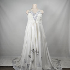 IZIDRESS Ivory White Chiffon Formal Wedding Gown Silver Embroidery Train - Size1X-2X NWT