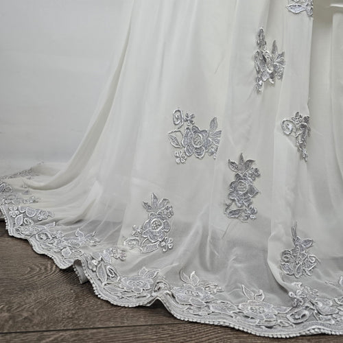 IZIDRESS Ivory White Chiffon Formal Wedding Gown Silver Embroidery Train - Size1X-2X NWT