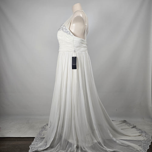 IZIDRESS Ivory White Chiffon Formal Wedding Gown Silver Embroidery Train - Size1X-2X NWT