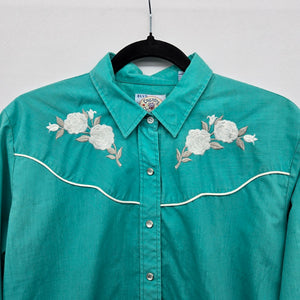 ELY Country Charmers Turquoise Embroidered Western Pearl Snap Shirt - Size L