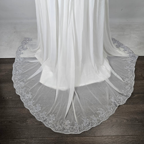 IZIDRESS Ivory White Chiffon Formal Wedding Gown Silver Embroidery Train - Size1X-2X NWT
