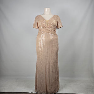 UNITHORSE Rose Gold Sequin Maxi Dress V-Neck Formal Evening Gown - Size 1-2XL NWT