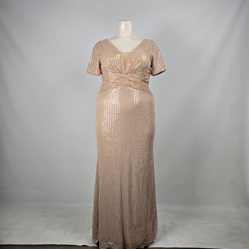 UNITHORSE Rose Gold Sequin Maxi Dress V-Neck Formal Evening Gown - Size 1-2XL NWT