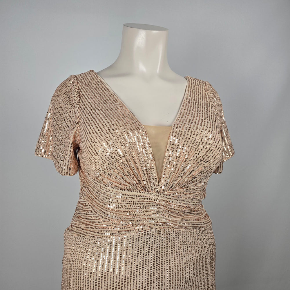 UNITHORSE Rose Gold Sequin Maxi Dress V-Neck Formal Evening Gown - Size 1-2XL NWT