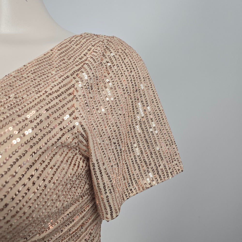 UNITHORSE Rose Gold Sequin Maxi Dress V-Neck Formal Evening Gown - Size 1-2XL NWT