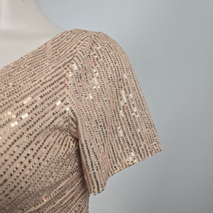 UNITHORSE Rose Gold Sequin Maxi Dress V-Neck Formal Evening Gown - Size 1-2XL NWT