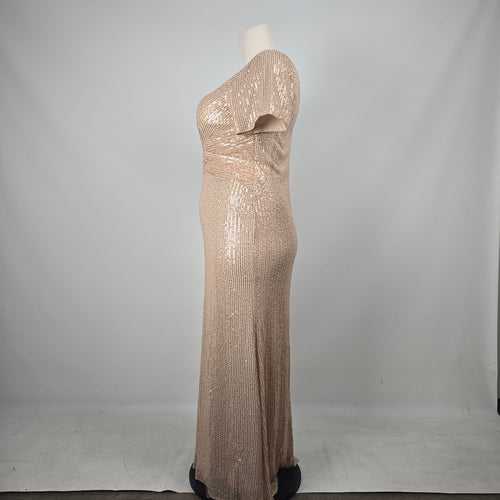 UNITHORSE Rose Gold Sequin Maxi Dress V-Neck Formal Evening Gown - Size 1-2XL NWT