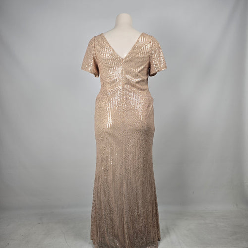 UNITHORSE Rose Gold Sequin Maxi Dress V-Neck Formal Evening Gown - Size 1-2XL NWT