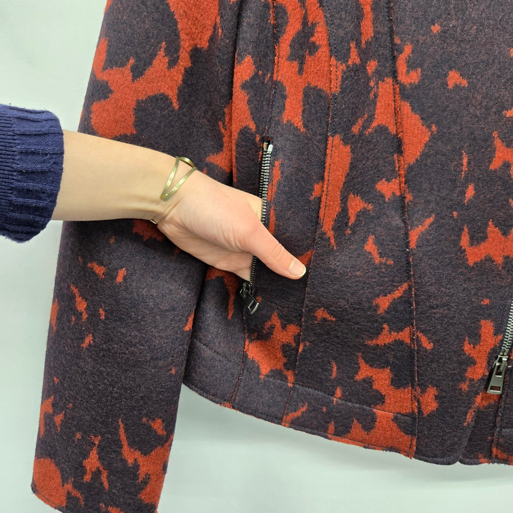 Marc Cain 100% Virgin Wool Abstract Moto Jacket Rust Brown - Size 4
