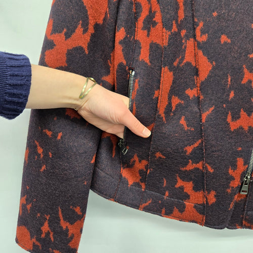 Marc Cain 100% Virgin Wool Abstract Moto Jacket Rust Brown - Size 4