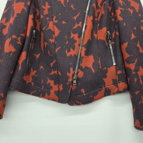 Marc Cain 100% Virgin Wool Abstract Moto Jacket Rust Brown - Size 4