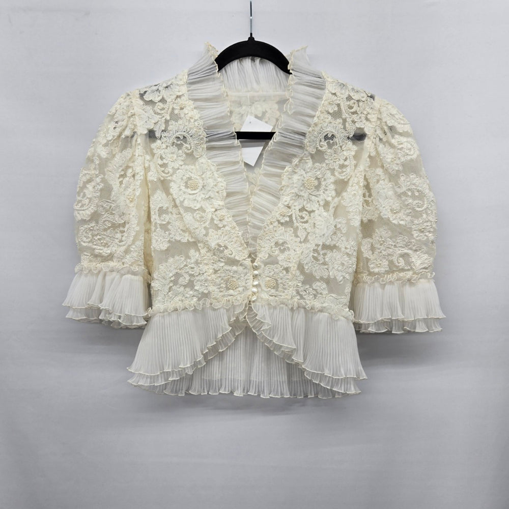 Vintage Ivory Lace Pearl Beaded Ruffle Blouse Jacket Pleated Trim Size M